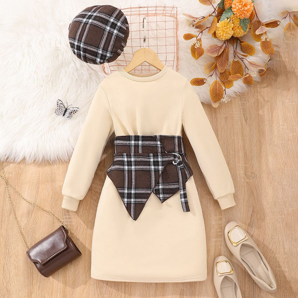 Girls Checkered Print Full Sleeves Winterwear Bodycon Dress Casual Dresses Khaki 8-9 Y 