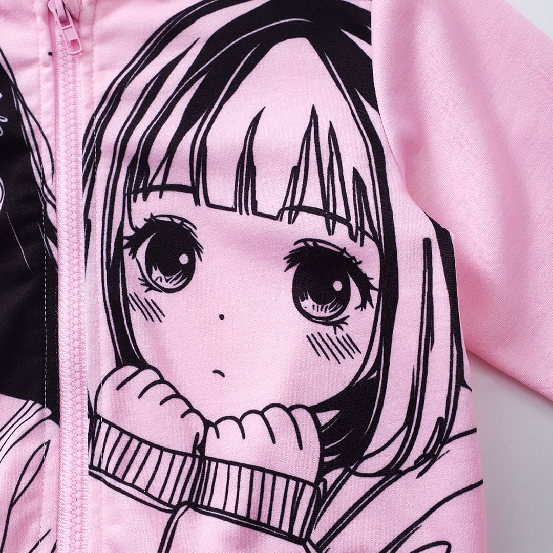 Girls Pink Printed Hooded Full Sleeves Jacket with Pants Set Sets   