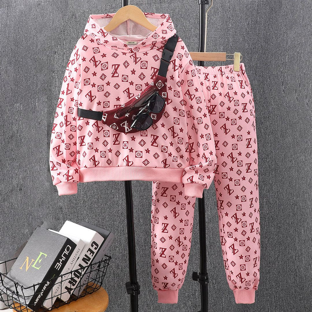 Girls Pink Printed Hooded Full Sleeves Sweatshirt with Trouser Set Sets Pink 8-9 Y 