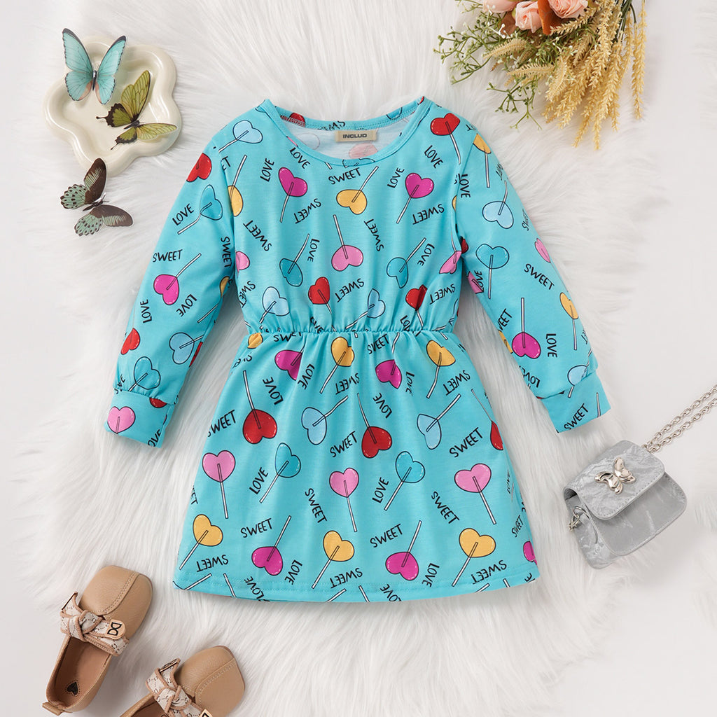 Girls Blue Printed Full Sleeves Fit & Flare Dress Casual Dresses Blue 1-2 Y 