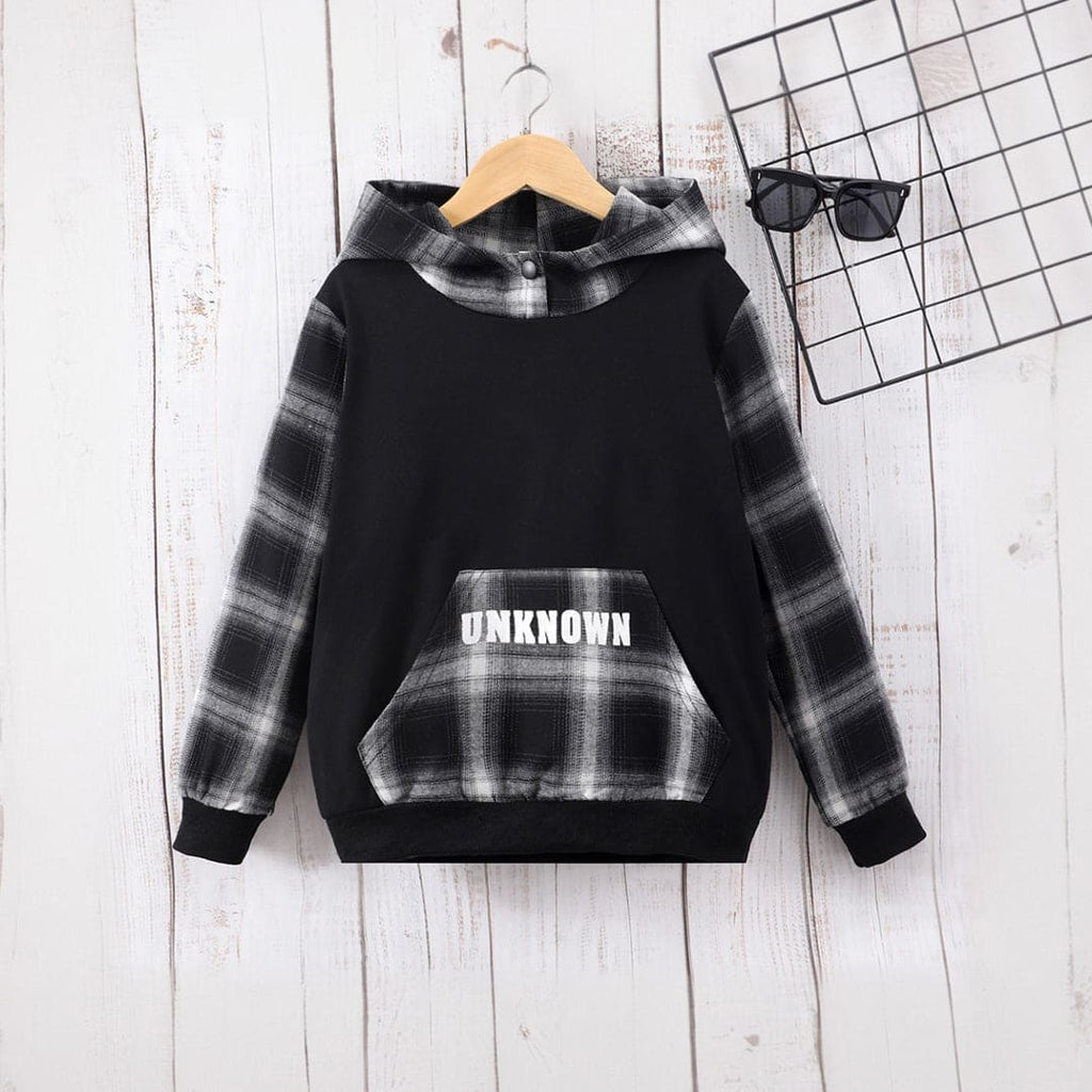 Boys Black Checkered Print Full Sleeves Hooded Sweatshirt Sweatshirts & Hoodies Black 8-9 Y 