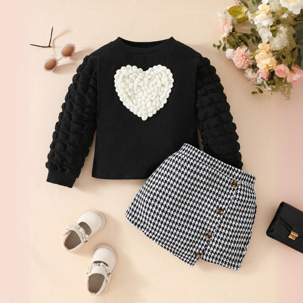 Girls Black Puff Sleeves Top with Houndstooth Print Skirt Set Sets Black 1-2 Y 