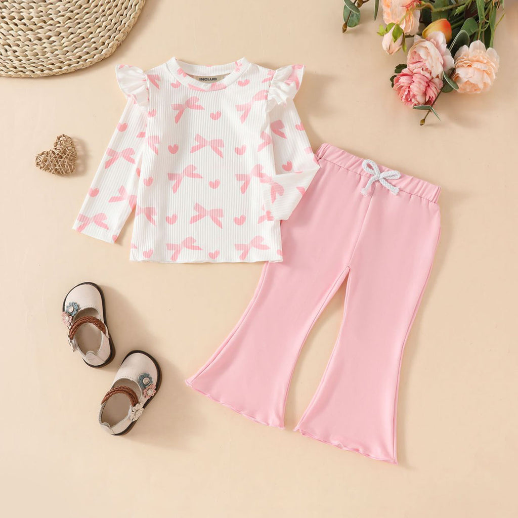 Girls Pink Bow Print Full Sleeves Top with Flared Pants Set Sets Pink 6-12 M 