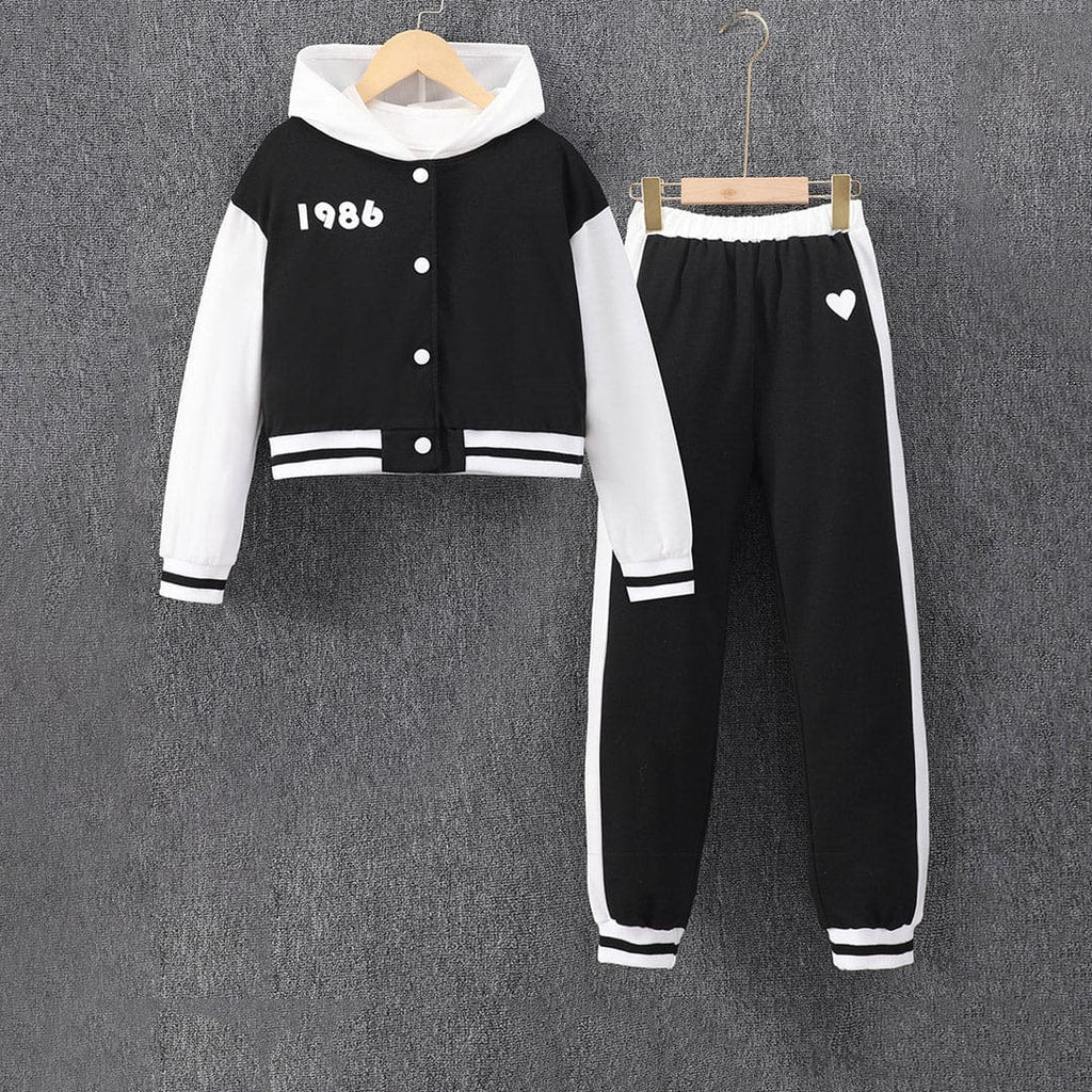 Girls Black Hooded Crop Sweatshirt with Elasticated Jogger Set Sets Black 8-9 Y 