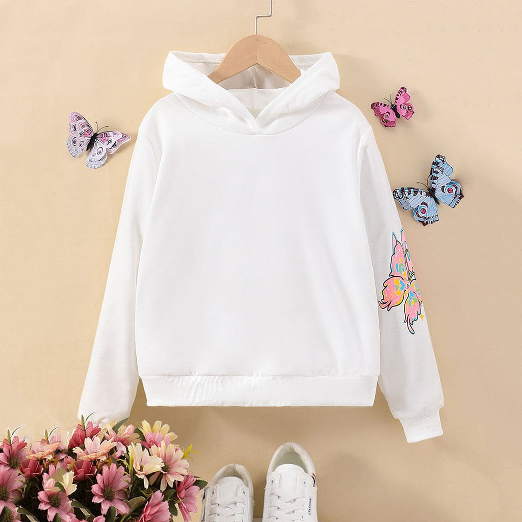 Girls White Butterfly Print Full Sleeves Hooded Sweatshirt Sweatshirts & Hoodies White 8-9 Y 