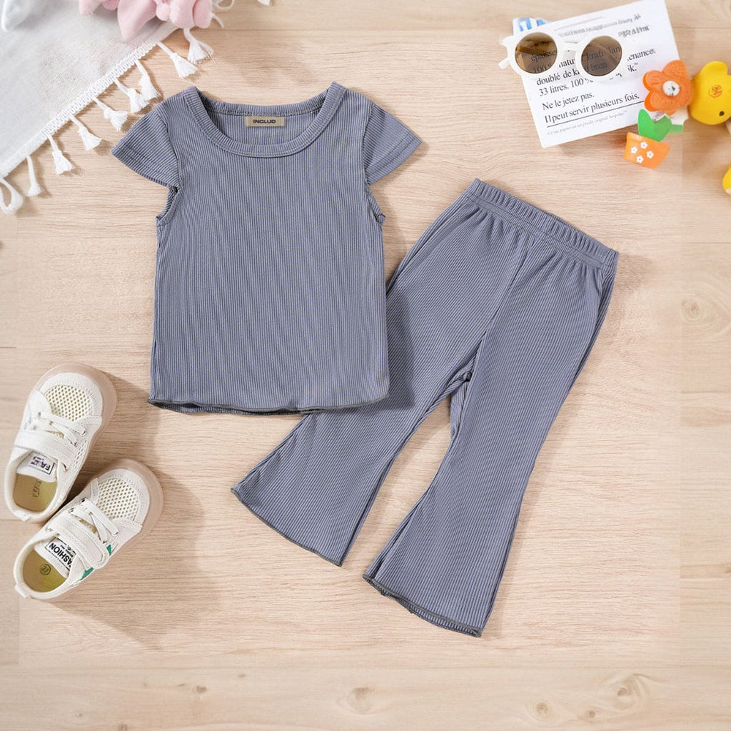 Girls Grey Knitted Short Sleeves Top with Flared Pants Set Sets Gray 1-2 Y 