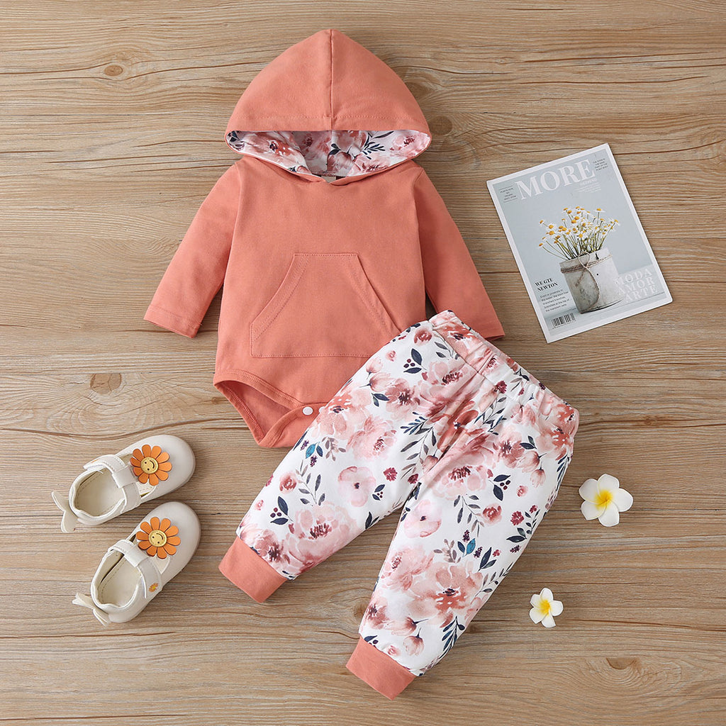 Girls Orange Floral Print Hooded Romper with Trouser Set Sets Orange 0-3 M 