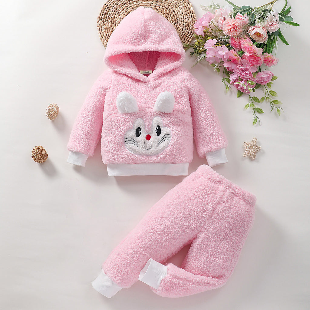 Girls Pink Patchwork Fleece Hooded Sweatshirt with Pants Set Sets Pink 3-6 M 