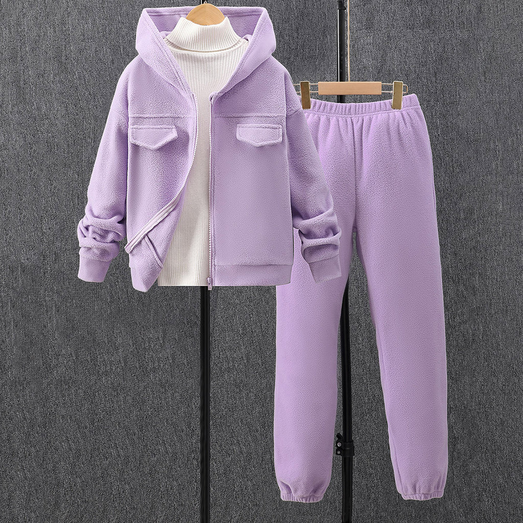 Girls Purple Hooded Jacket with Jogger Set Sets Purple 8-9 Y 