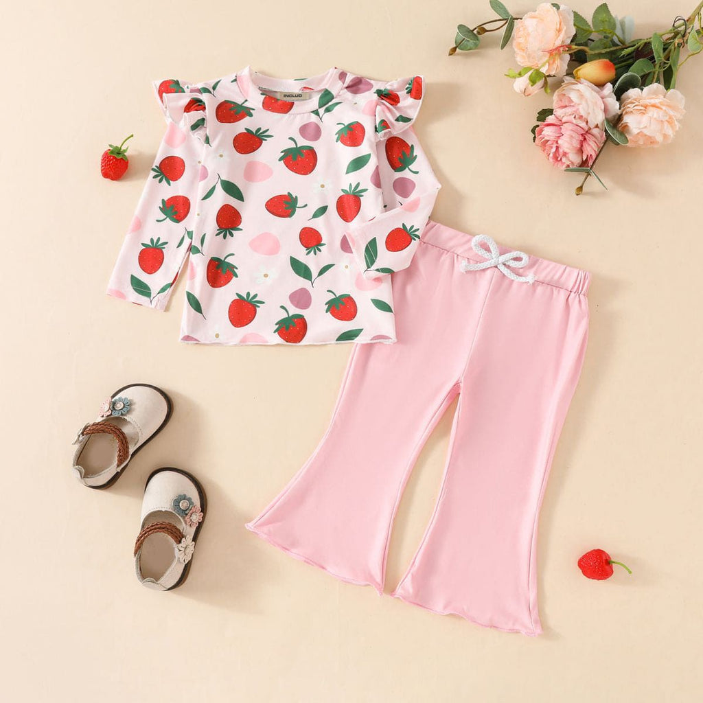 Girls Pink Strawberry Print Full Sleeves Top with Flared Pants Set Sets Pink 6-12 M 