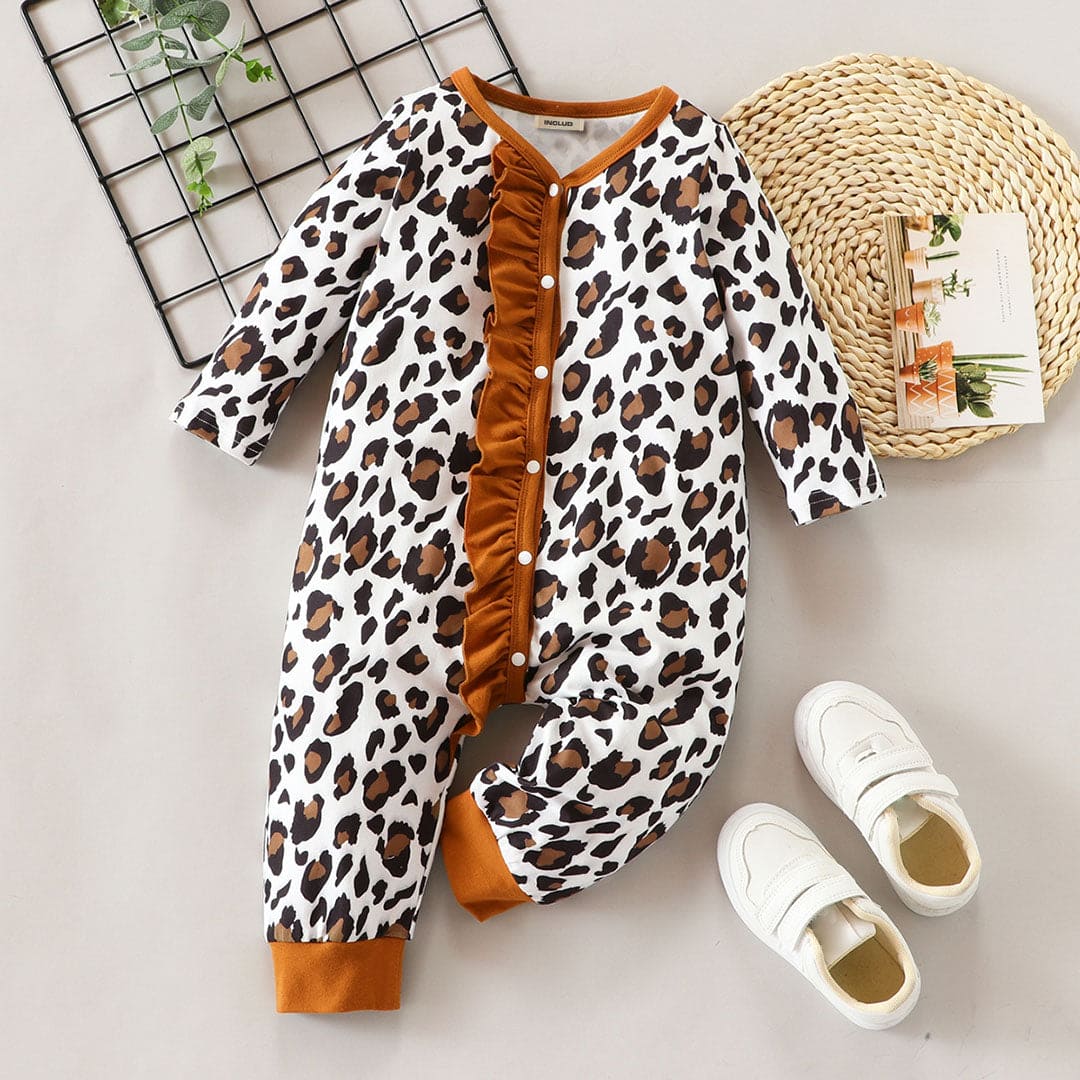 Boys Leopard Print Full Sleeves Jumpsuit Jumpsuits Brown 0-3 M 