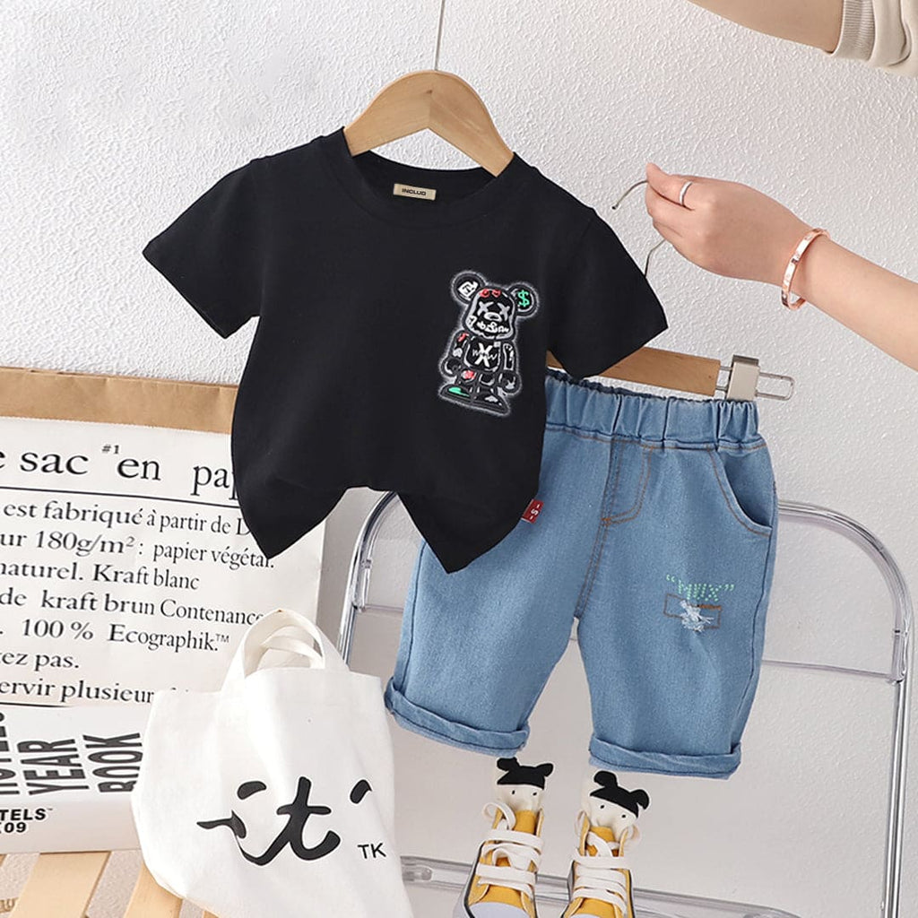 Boys Black Graphic Print Short Sleeves T-shirt with Shorts Set Sets Black 1-2 Y