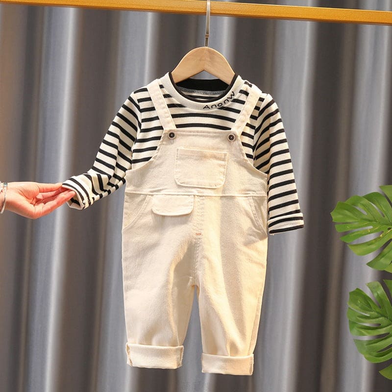 Boys White Striped Full Sleeves T-shirt with Dungarees Set Sets White 1-2 Y