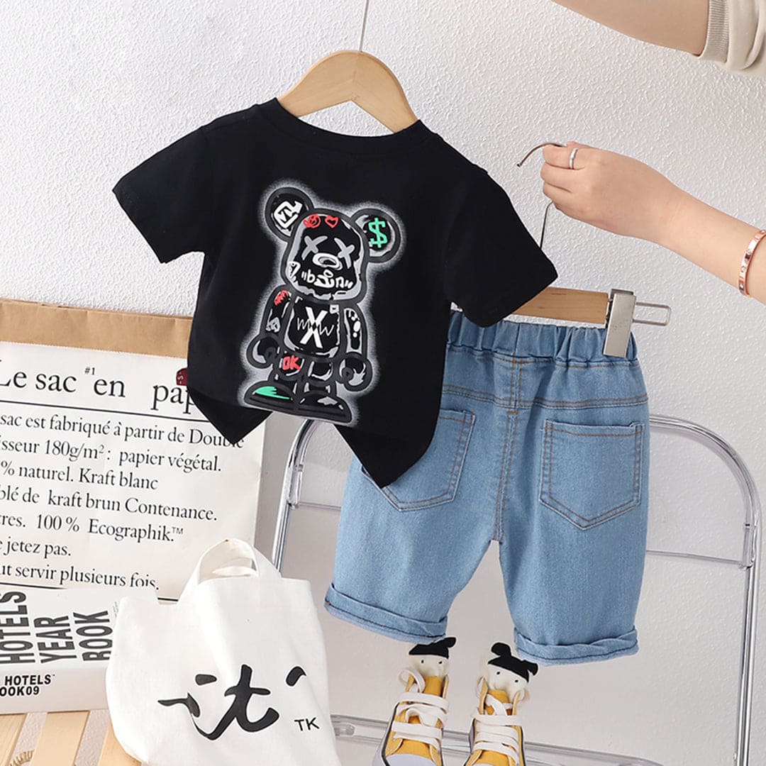 Boys Black Graphic Print Short Sleeves T-shirt with Shorts Set Sets