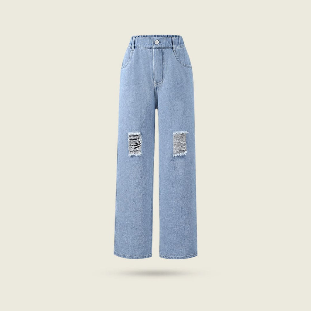 Girls Blue Wide Leg Mildly Distress Denim Trousers Jeans