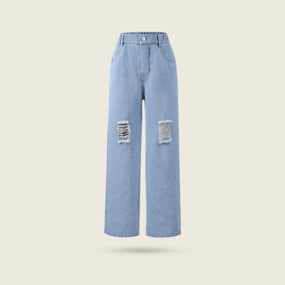 Girls Blue Wide Leg Mildly Distress Denim Trousers Jeans