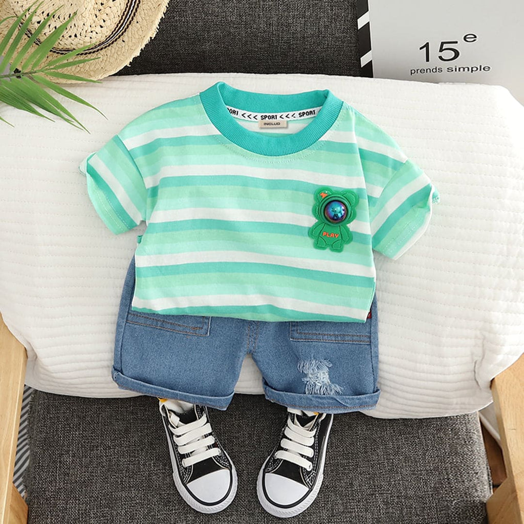 Boys Green Striped Short Sleeves T-shirt with Shorts Set Sets Green 1-2 Y