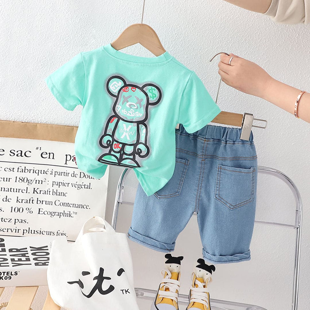 Boys Green Graphic Print Short Sleeves T-shirt with Shorts Set Sets