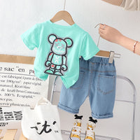 Boys Green Graphic Print Short Sleeves T-shirt with Shorts Set Sets