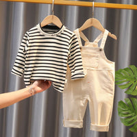 Boys White Striped Full Sleeves T-shirt with Dungarees Set Sets
