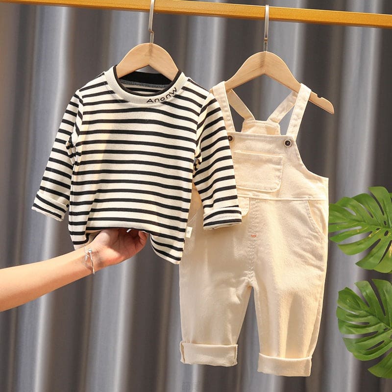 Boys White Striped Full Sleeves T-shirt with Dungarees Set Sets