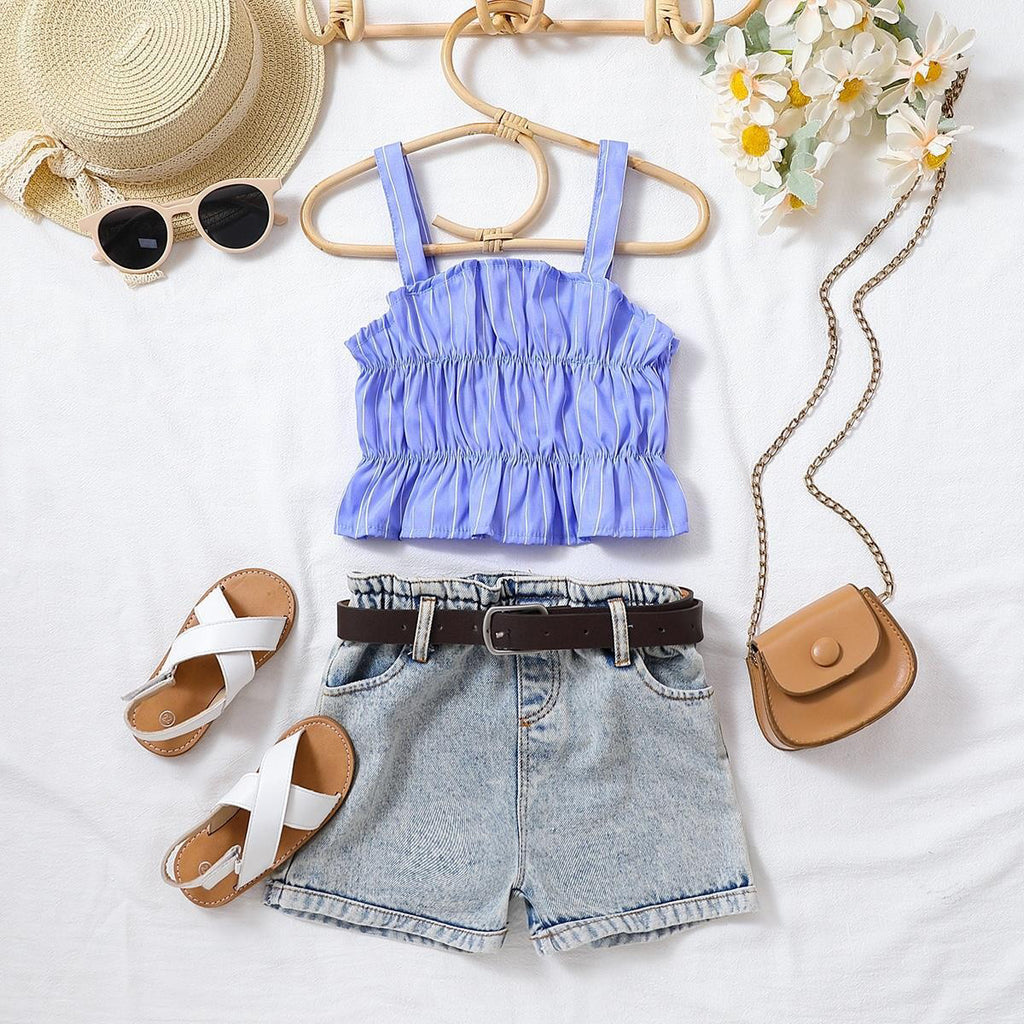 Girls Blue Striped Crop Top with Denim Shorts Set Sets Blue 2-3 Y 