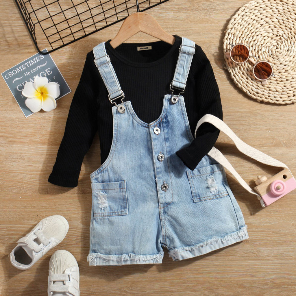 Girls Black Full Sleeves Top with Denim Dungaree Set Sets Blue 1-2 Y 