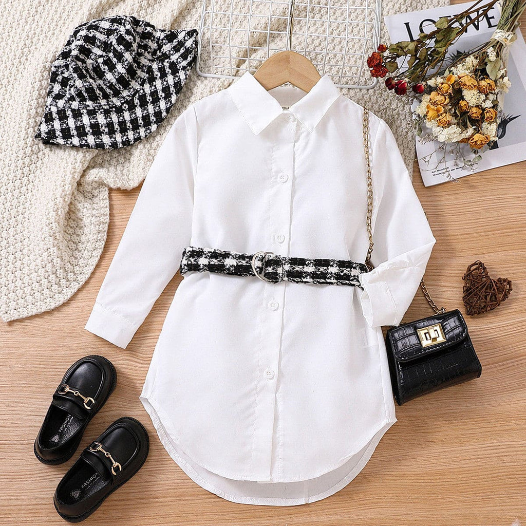 Girls White Straight Fit Shirt Dress with Tweed Belt Casual Dresses White 1-2 Y 