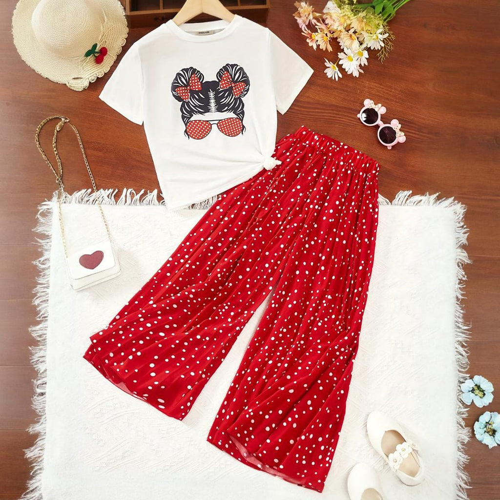 Girls White Printed Top with Polka Dot Flared Pants Set Sets Red 5-6 Y 