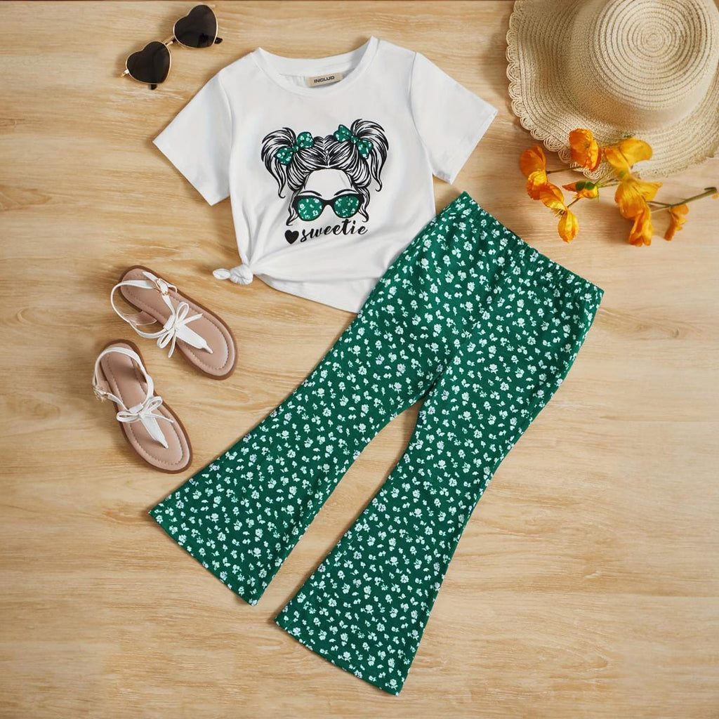 Girls White Printed Top with Floral Print Flared Pants Set Sets Green 5-6 Y 