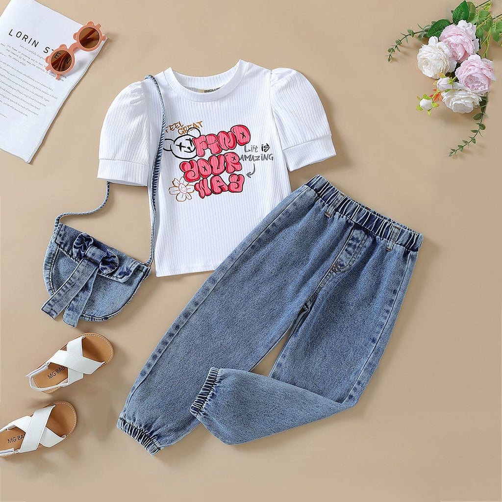 Girls White Printed Puff Sleeves Top with Denims Set Sets White 2-3 Y 