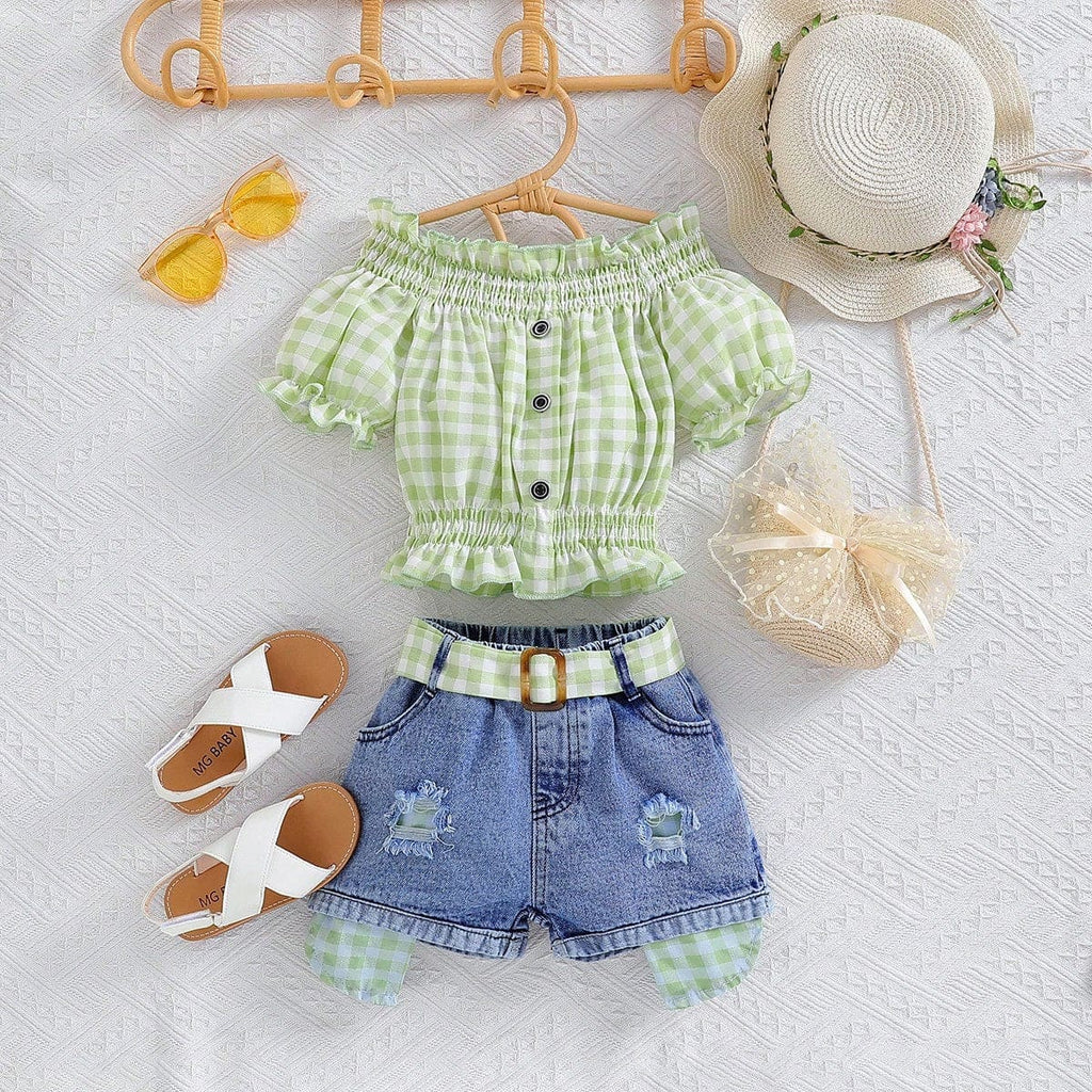 Girls Green Gingham Check Crop Top with Denim Shorts Set Sets Green 3-4 Y 