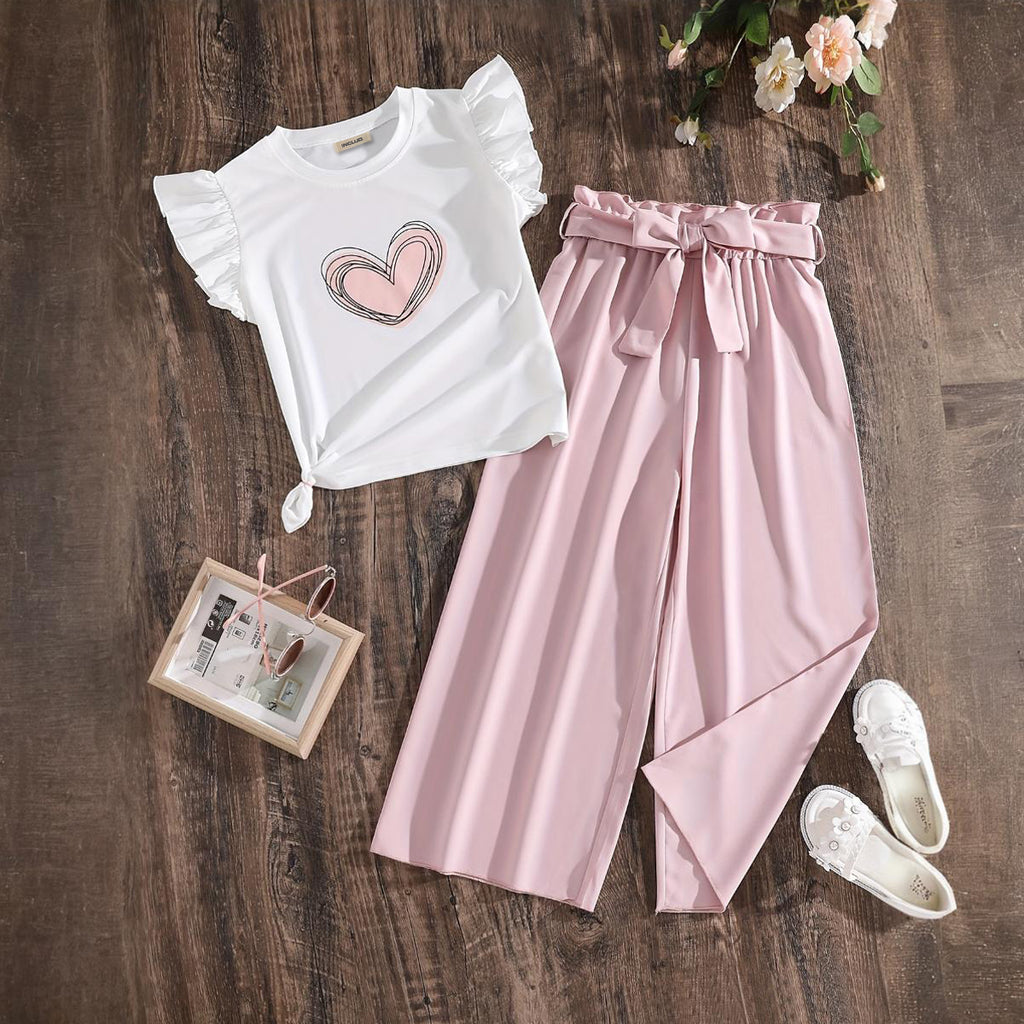 Girls White Heart Print T-shirt with Paperbag Waist Trousers Set