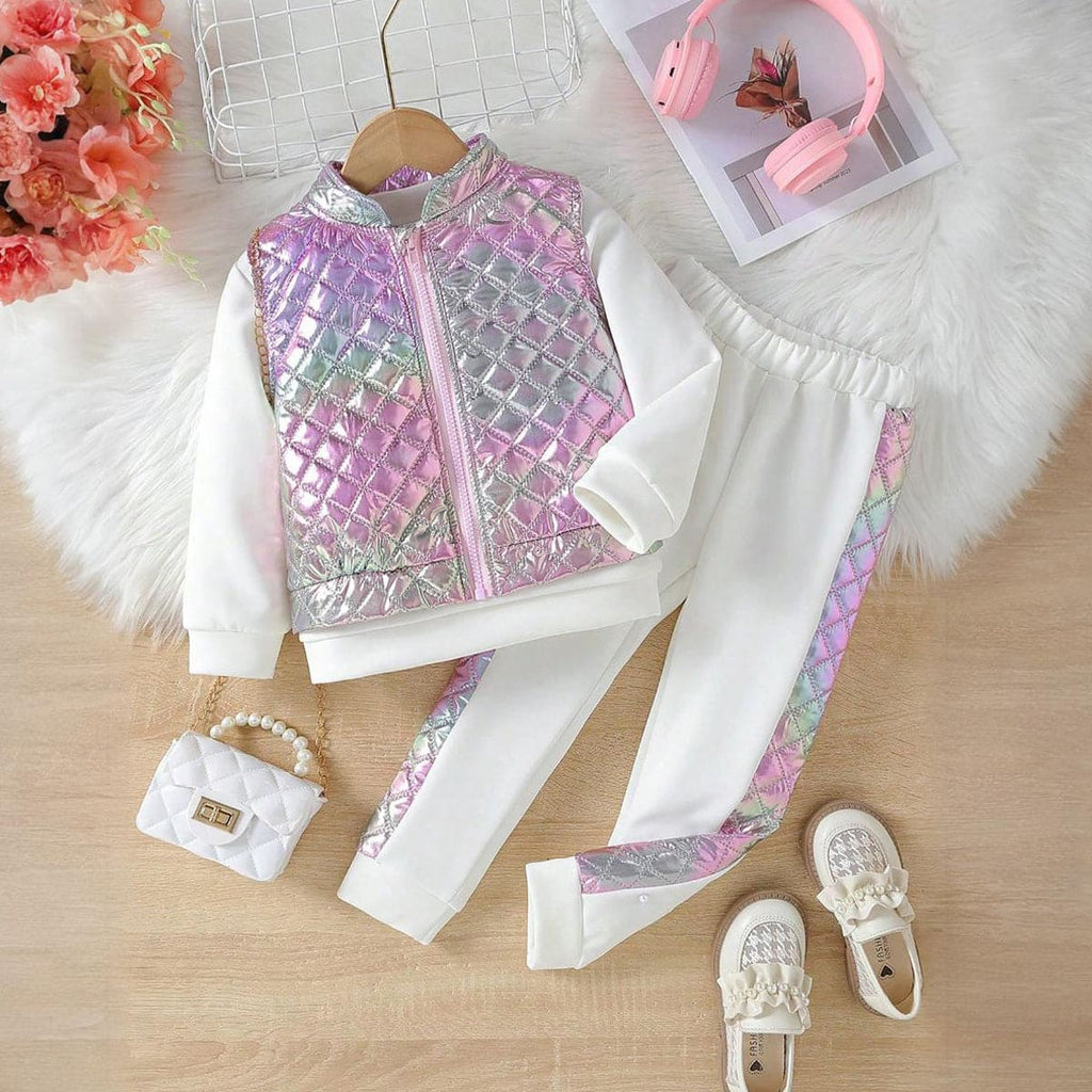 Girls White Sweatshirt & Sweatpants Set with Holographic Sleeveless Jacket Sets White 3-4 Y 