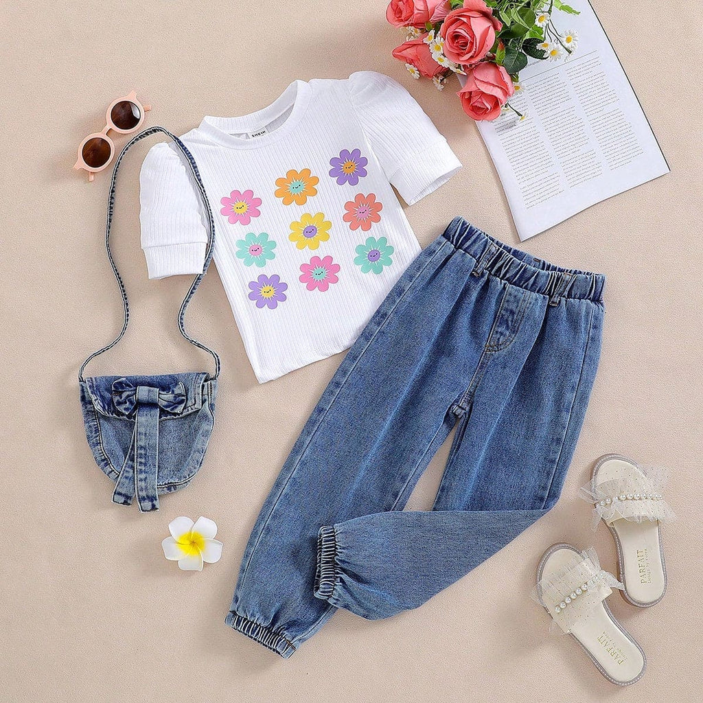 Girls White Flower Printed Puff Sleeves Top with Denims Set Sets White 3-4 Y 