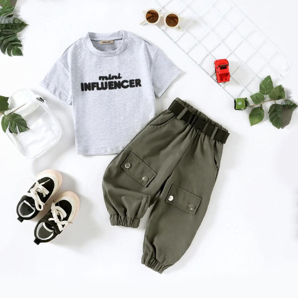 Girls Grey Melange Printed T-shirt with Joggers Set Sets Gray 3-4 Y 