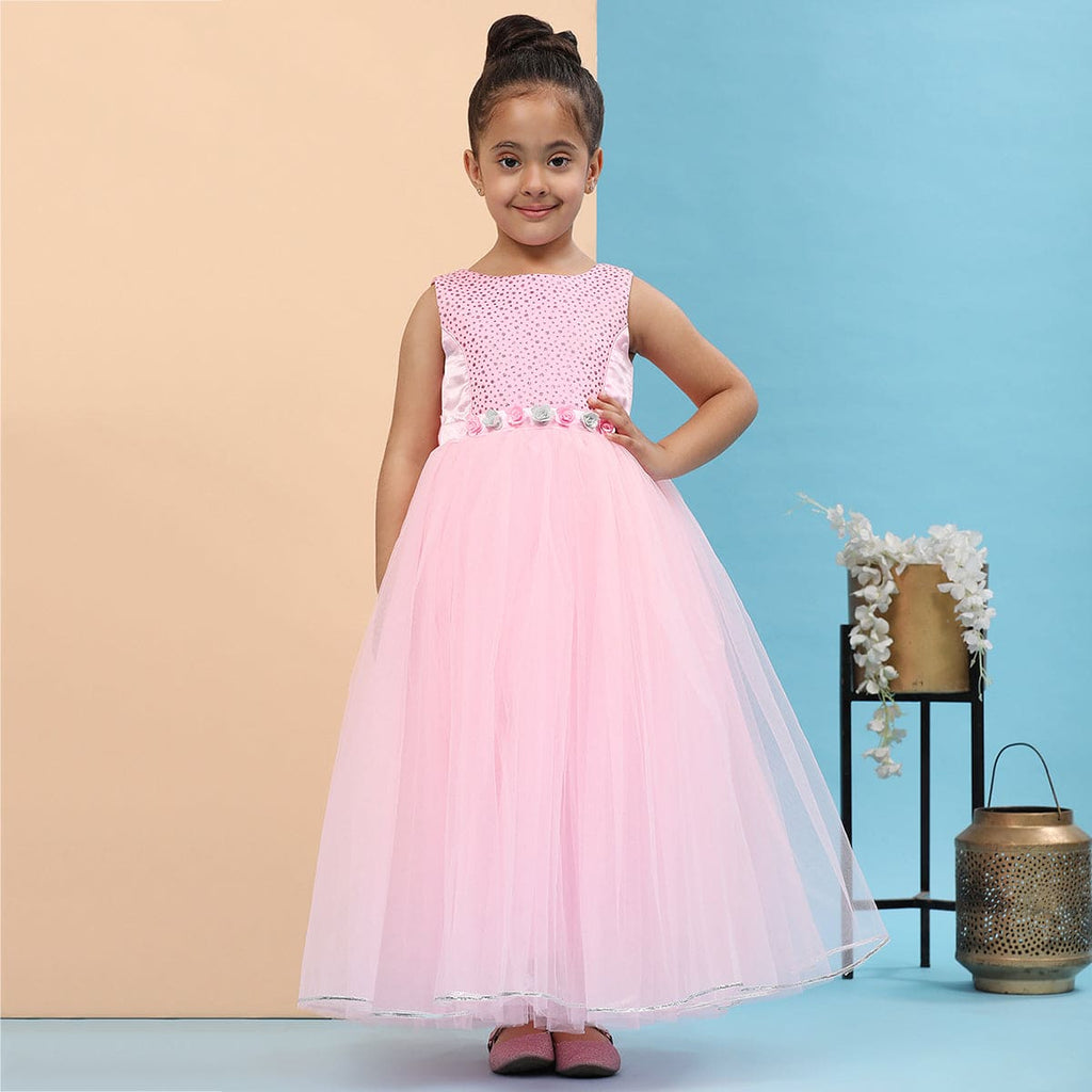 Girls Pink Embellished Party Wear Fit & Flare Dress Party Dresses Pink 1-2 Y 