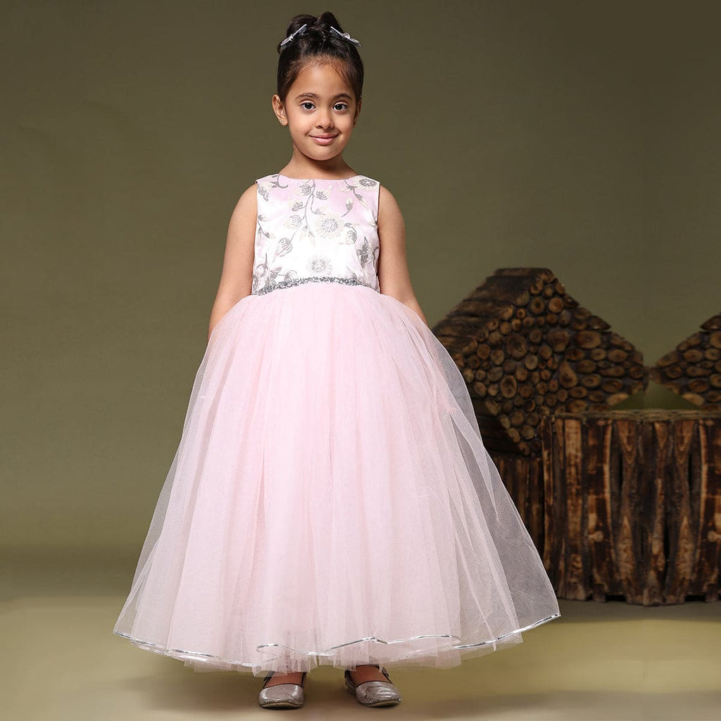 Girls Light Pink Flower Embroidered Fit & Flare Party Wear Dress Party Dresses Light Pink 1-2 Y 