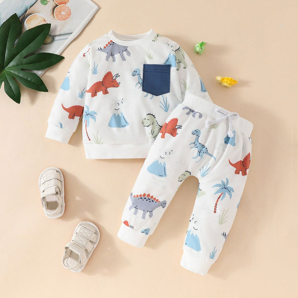 Boys White Dinosaur Print Full Sleeves Sweatshirt with Pants Set Sets White 6-12 M 