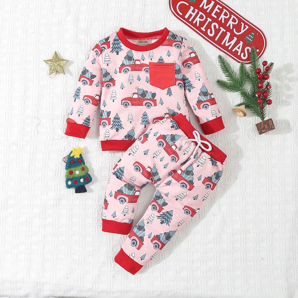 Boys Red Christmas Print Full Sleeves Sweatshirt with Pants Set Sets Red 6-12 M 