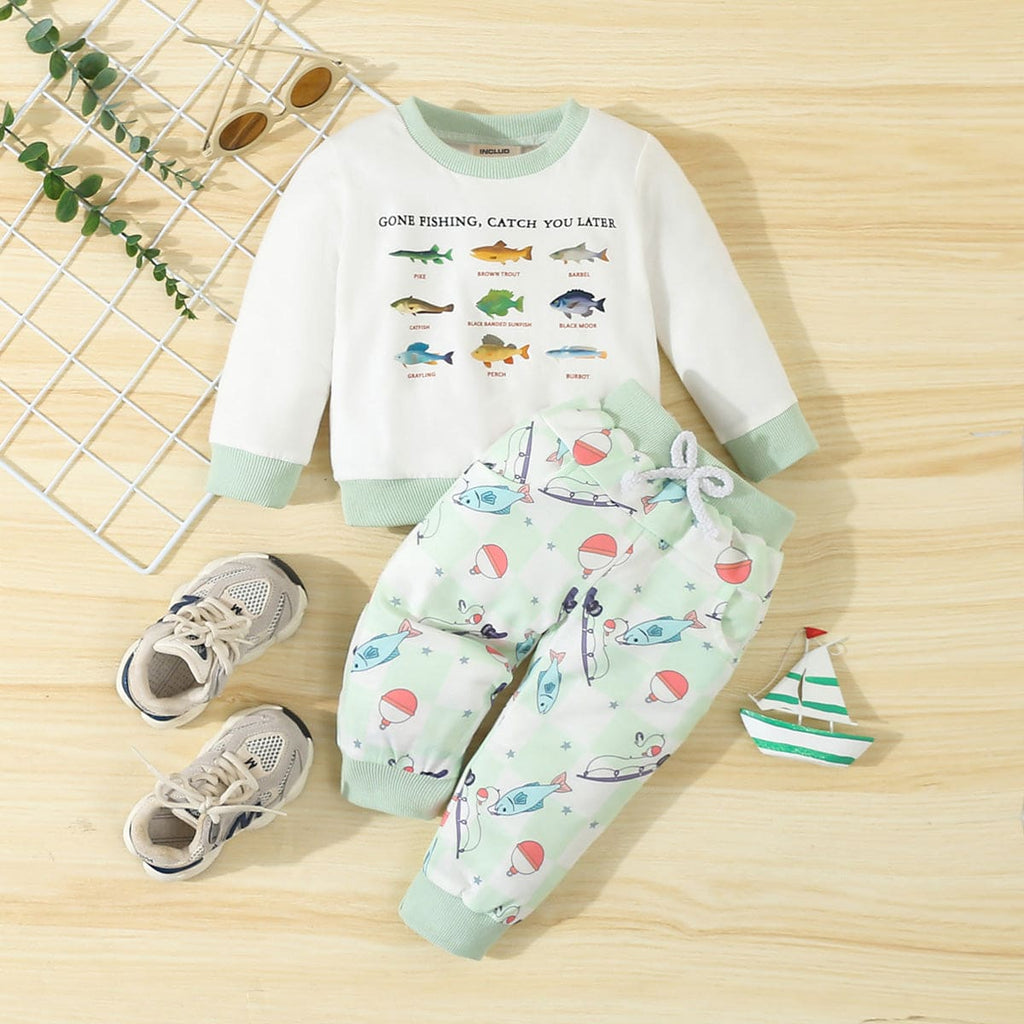 Boys Green Printed Sweatshirt with Pants Set Sets White 6-12 M 