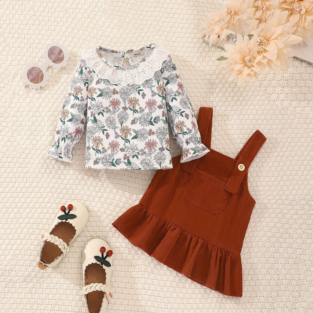 Girls Brown Floral Print Full Sleeves Pinafore Top Tops Brown 0-3 M 