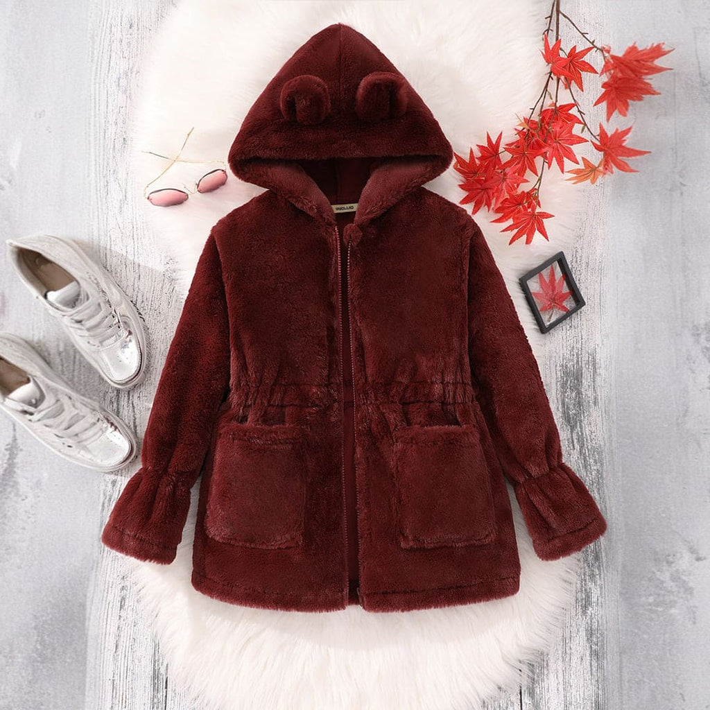 Girls Maroon Hooded Full Sleeves Fleece Jacket Coats & Jackets Maroon 8-9 Y 