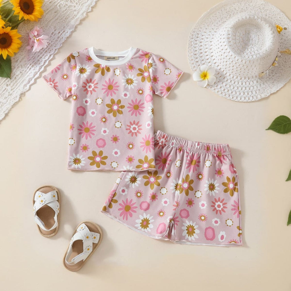 Girls Pink Floral Print T-shirt with Shorts Set Sets Pink 6-12 M 