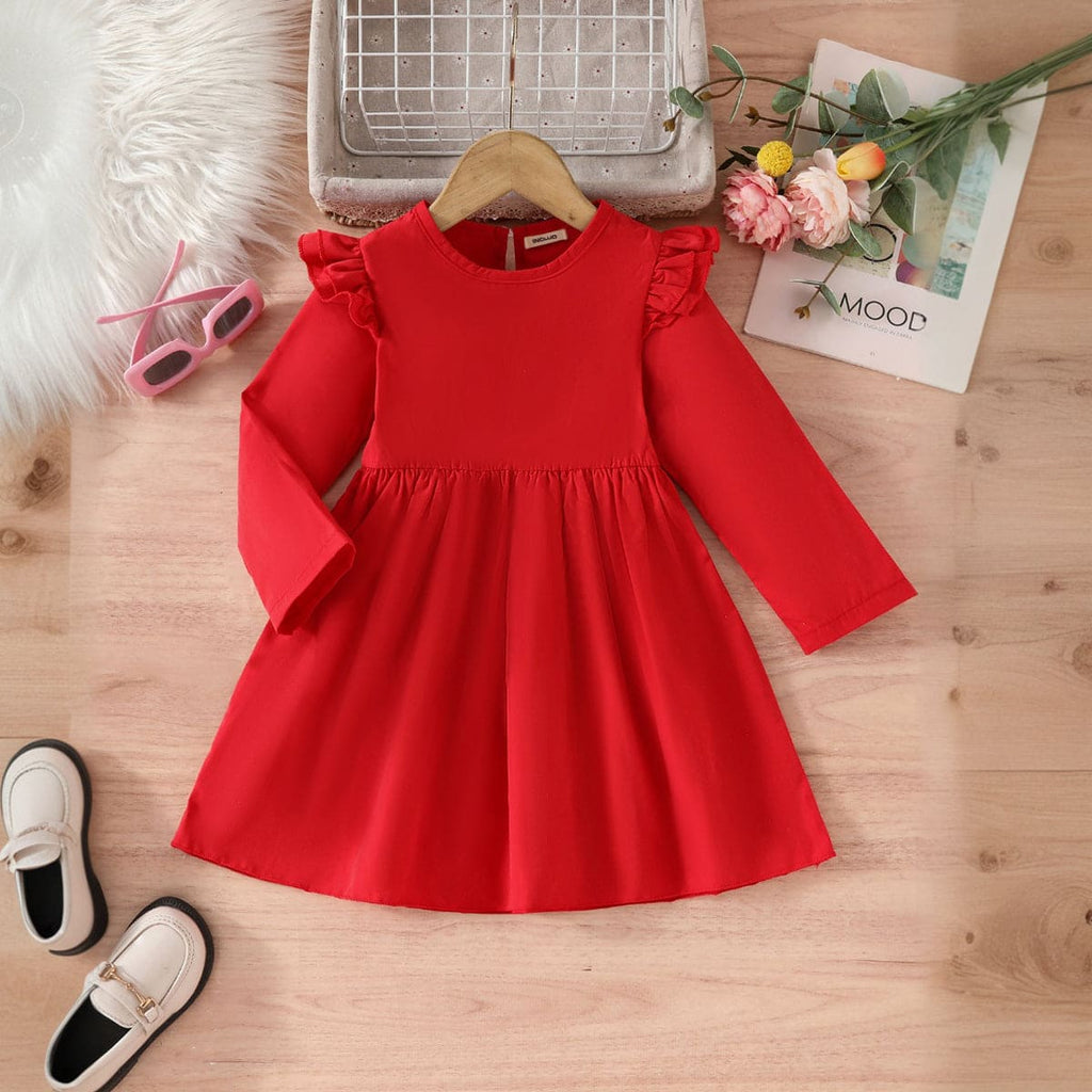 Girls Red Full Sleeves Fit & Flare Causal Dress Casual Dresses Red 1-2 Y 