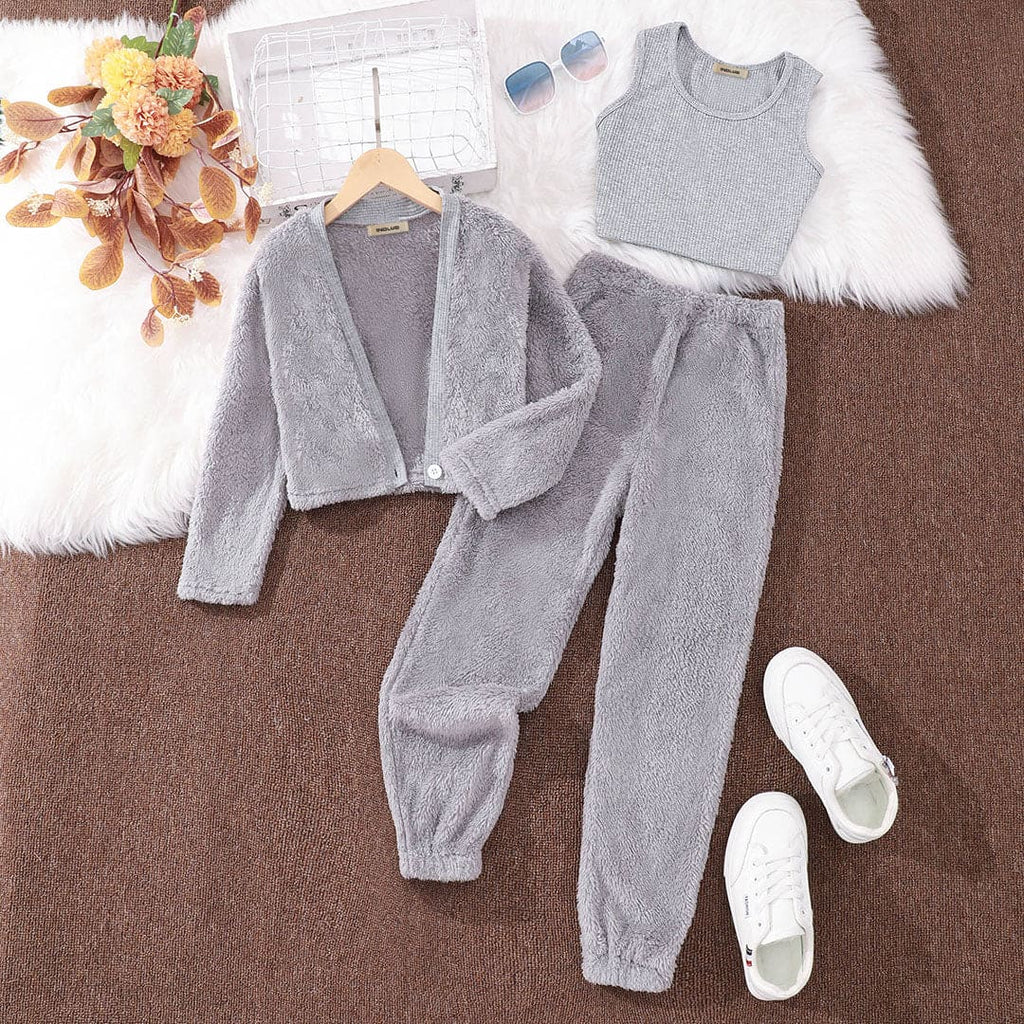 Girls Grey Sleeveless Top with Shrug & Trouser Set Sets Gray 8-9 Y 