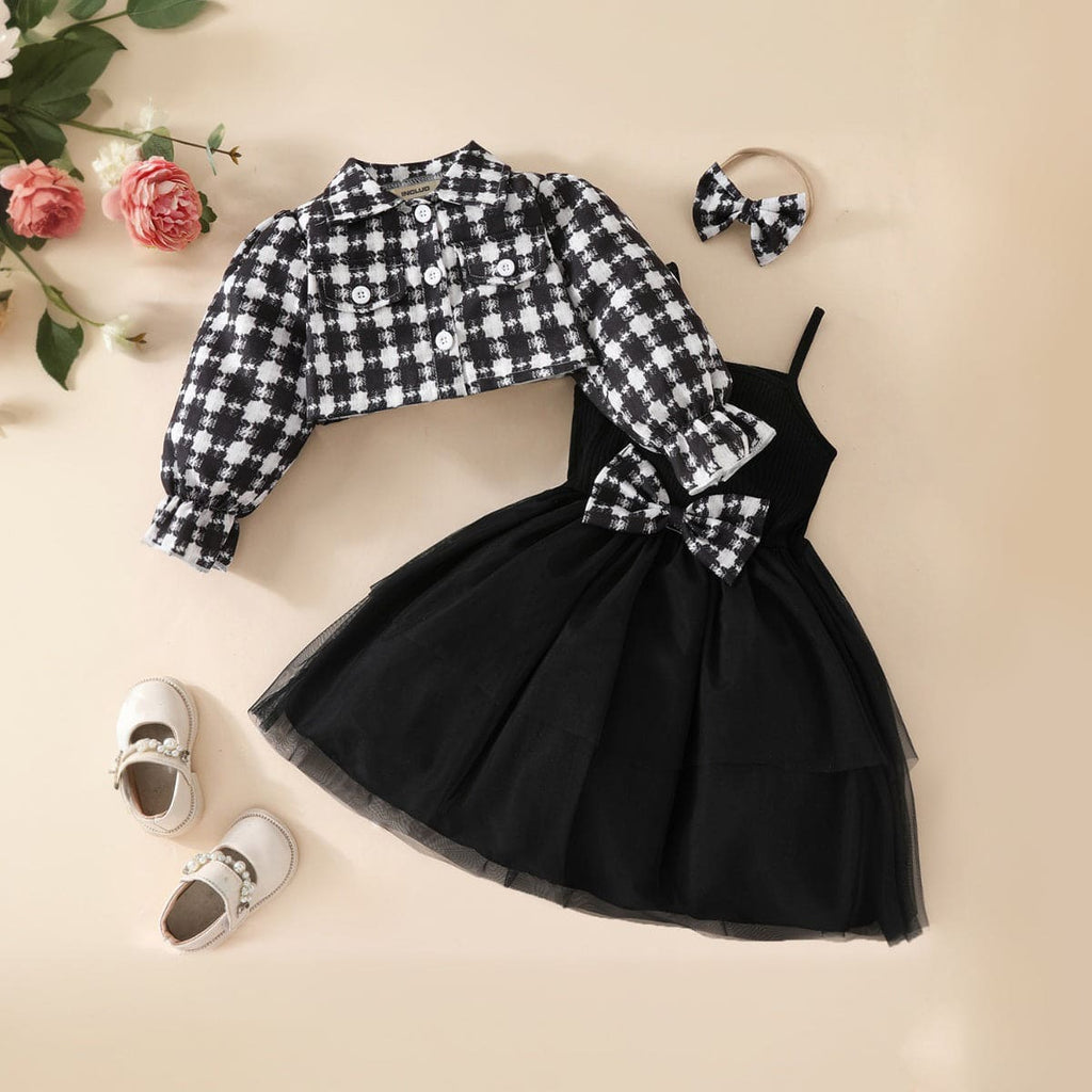 Girls Black Shoulder Straps Fit & Flared Casual Dress with Checkered Print Shrug Casual Dresses Black 2-3 Y 