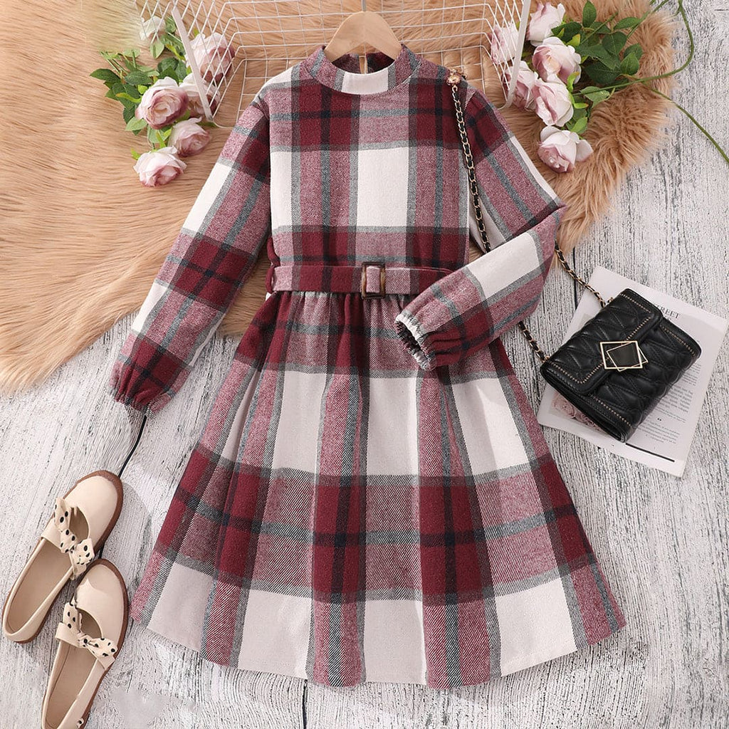 Girls Maroon Flannel Checkered Print Fit & Flare Casual Dress Casual Dresses Maroon 13-14 Y 