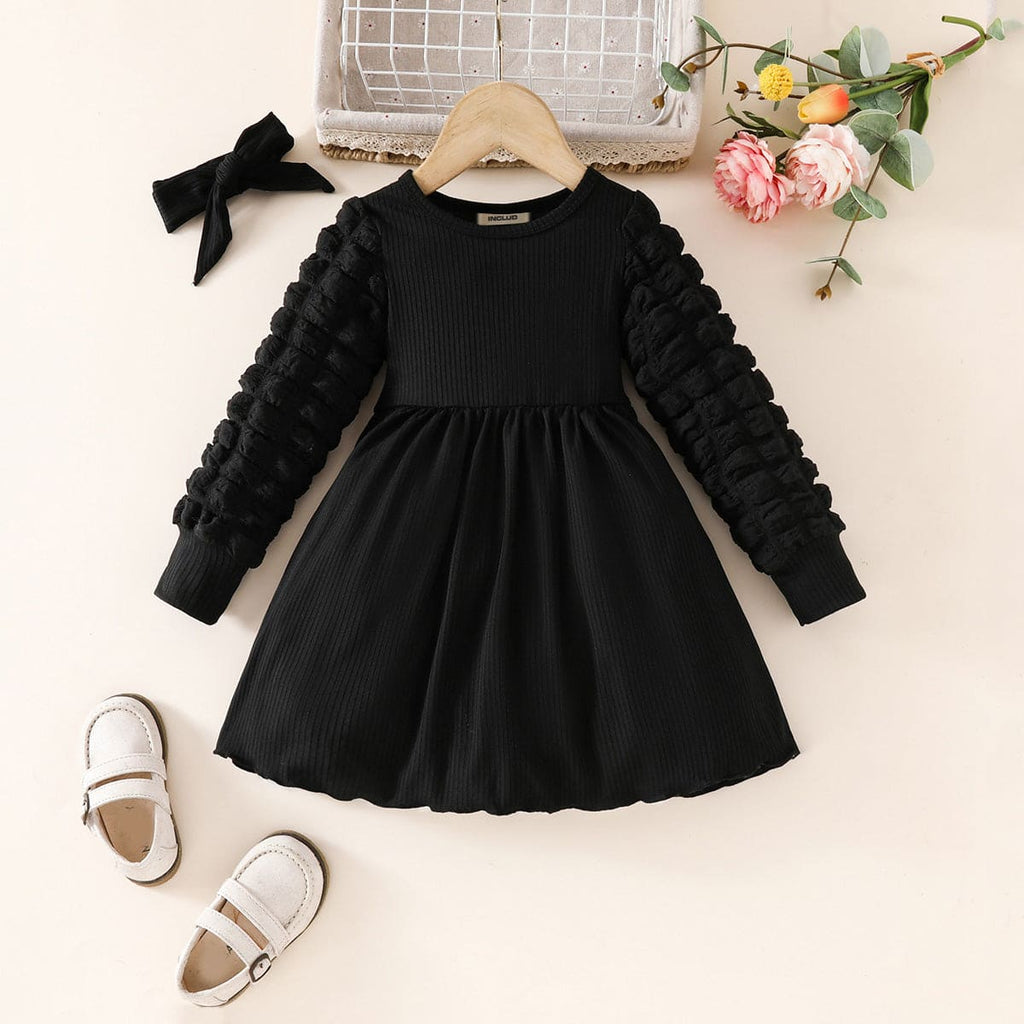 Girls Black Puff Sleeves Fit & Flare Casual Dress Casual Dresses Black 1-2 Y 