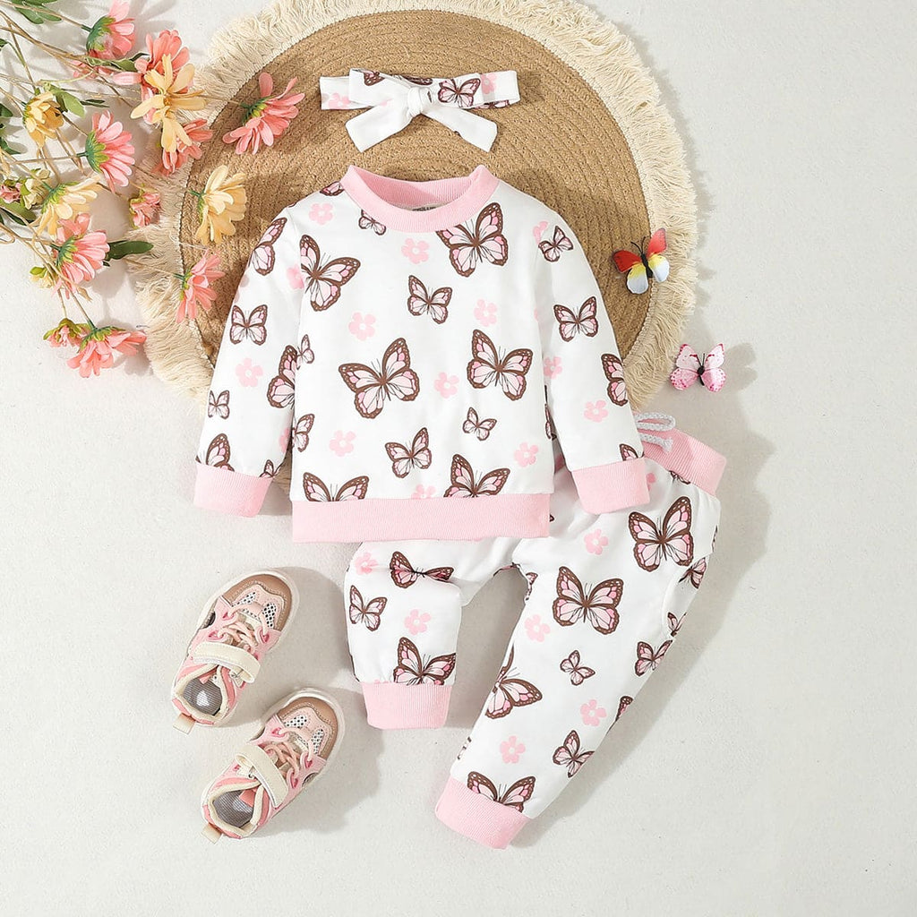 Girls Pink Butterfly Print Full Sleeves Sweatshirt with Pants Set Sets Pink 12-18 M 